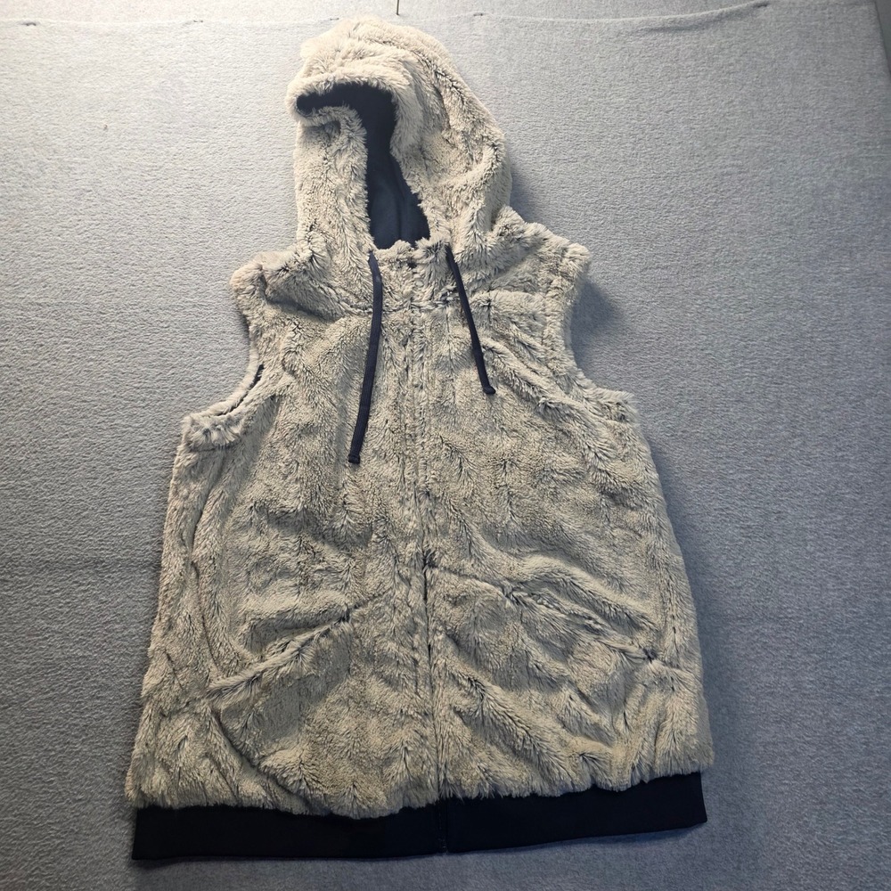 Antigua Faux Fur Hooded Zip Up Vest Womens Large Oatmeal Beige Sleeveless Jacket